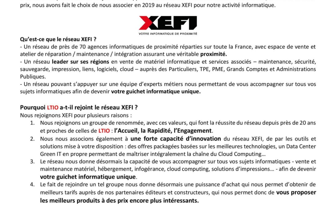 Notre activité informatique rejoint XEFI